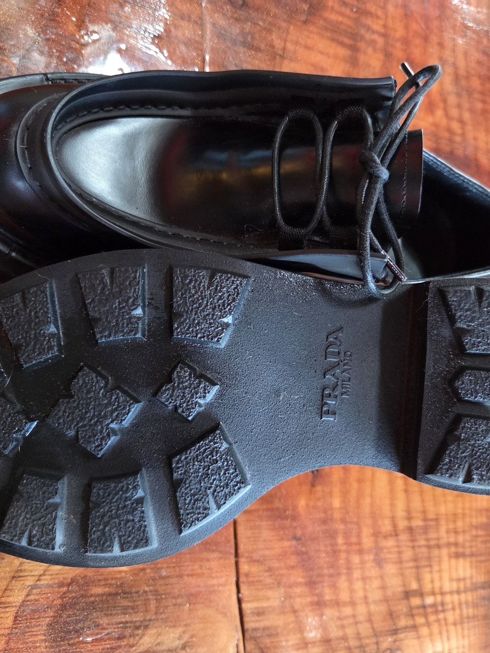 PRADA Diapason Black Opague Brushed Leather Lace-up Loafers - Picture 4 of 8